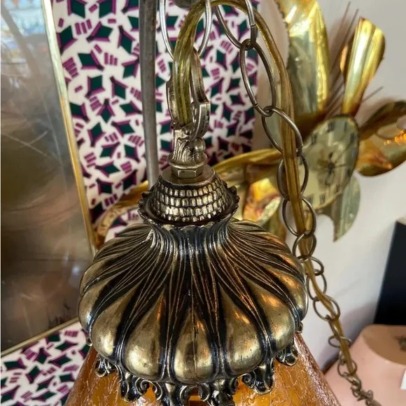 Vintage swag lamp large crackled amber glass Hollywood regency teardrop - Picture 7 of 9